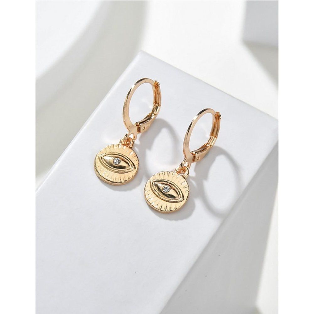 Small Gold Eye Dangle‎ Earrings With Rhinestone Accent Hippie Spiritual Cute